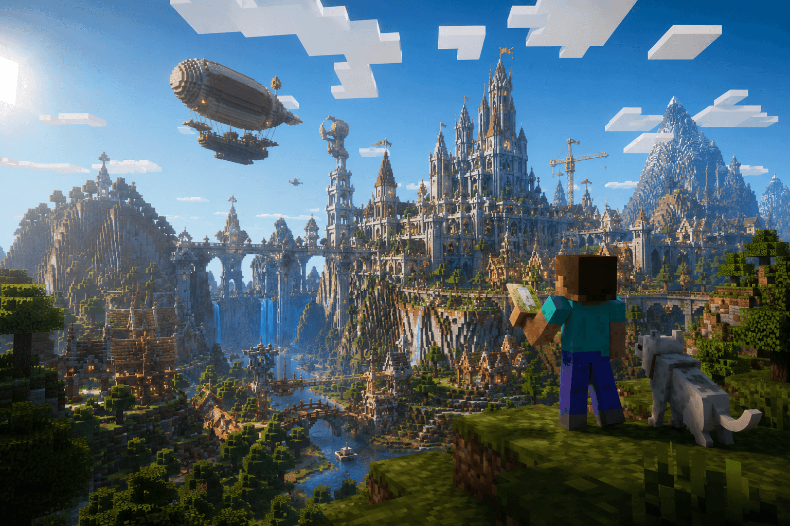 A vast castle megabuild with an airship, made in creative mode