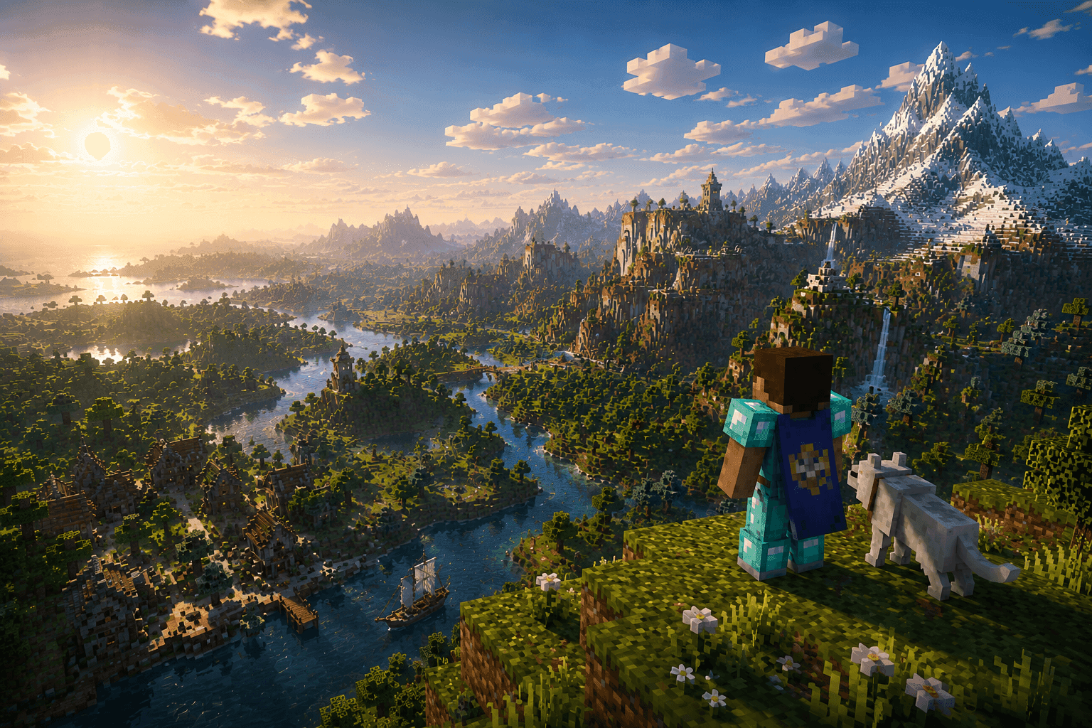 A player and a wolf overlooking an endless generated landscape