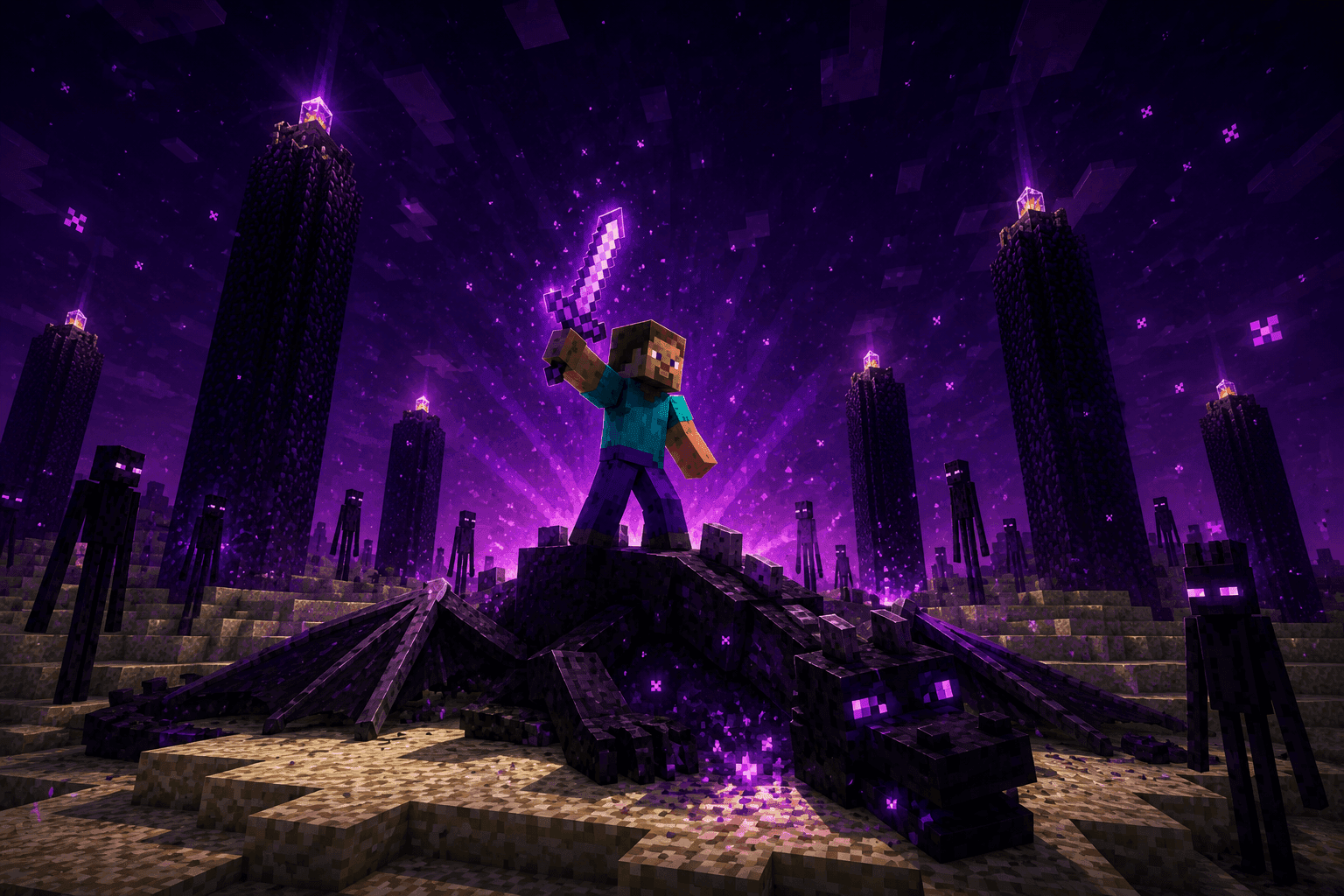 A player in enchanted armour holding a diamond sword