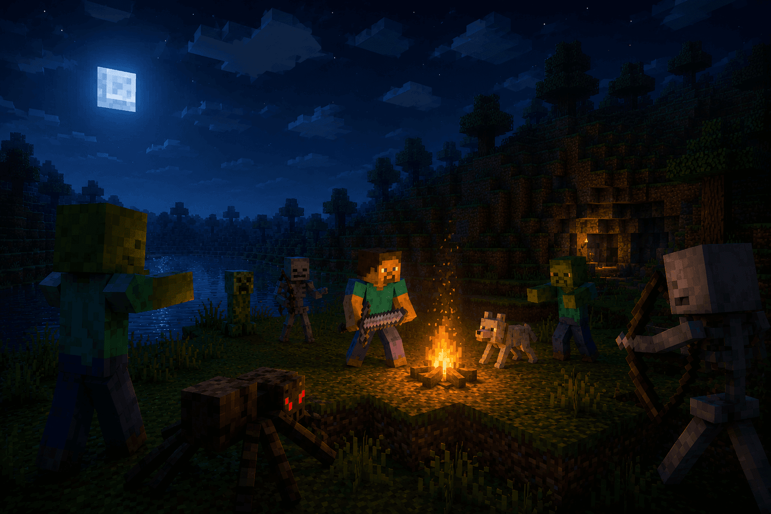 A player by a campfire at night, surrounded by mobs